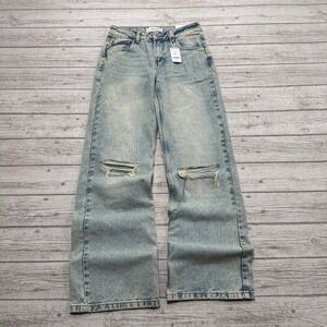 NEW Ardene Jeans Women's 3 Blue Acid Wash Denim Wide Leg Relaxed Fit Distressed